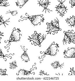Vector Doodle Bacteria Germs or Cartoon Monsters Seamless Pattern. Hand Drawn Viruses Endless Background