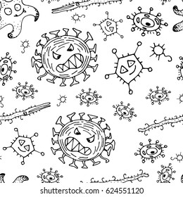 Vector Doodle Bacteria Germs or Cartoon Monsters Seamless Pattern. Hand Drawn Viruses Endless Background
