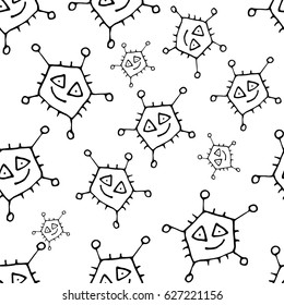 Vector Doodle Bacteria Germs or Cartoon Monsters Seamless Pattern. Hand Drawn Viruses Endless Background