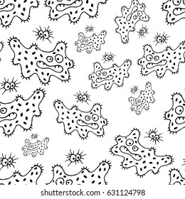 Vector Doodle Bacteria Germs or Cartoon Monsters Seamless Pattern. Hand Drawn Viruses Endless Background