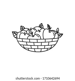 Vector doodle basket with apples. Cooking, cooking utensils, dishes, home items. Hand drawn illustration isolated on white background.