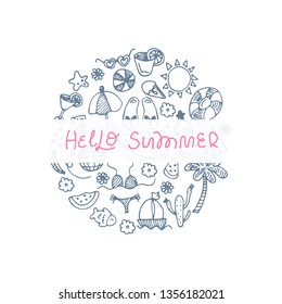 Vector doodle beach set in circle concept with frame for text or lettering. Hand drawn beach travel elements: shell, ball, sun, sea, sunglasses, star, fruit, swimwear, cocktail, ice cream