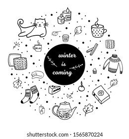 Vector doodle. Big set of doodle elements. Cozy home, winter is coming.