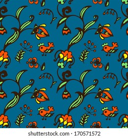 Vector Doodle bird and flower seamless pattern