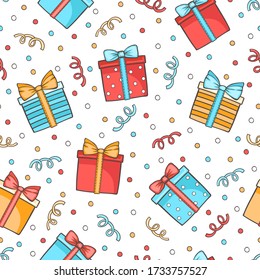 Fiesta de cumpleaños del doodle vectorial sin fisuras con cajas de regalo y confeti. Fondo colorido de vacaciones en blanco