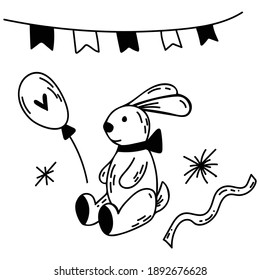 Vector doodle birthday set of elements. Hand-drawn party illustration with bunny, balloon, party flags, garland.