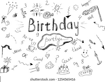 Vector Doodle birthday. Text, gifts, confetti.