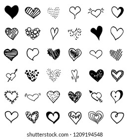 Vector doodle black heart set