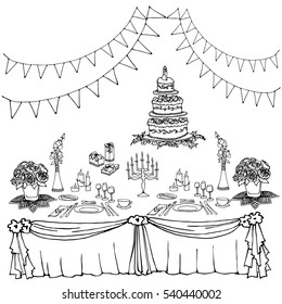 Vector doodle in black lines set of painted items for the table in celebration, tablecloth, gifts, food, cutlery, menorah
flowers, boxes, cake for a wedding or birthday
