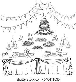 Vector doodle in black lines set of items for the table in celebration, cloth, gifts, food, cutlery, cake for a wedding or birthday