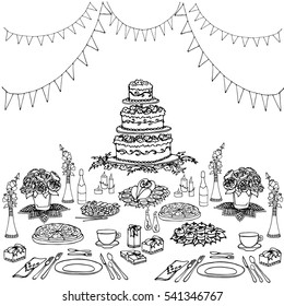 Vector doodle in black lines set for cheerful festive table, tableware, flowers, cake, garland, happy event for children and adults