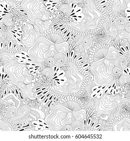 Vector doodle black and white abstract hand drawn background. Wavy zentangle style seamless pattern.