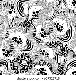 Vector doodle black and white abstract hand drawn background. Wavy zentangle style seamless pattern.