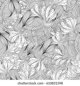 Vector doodle black and white abstract hand drawn background. Wavy zentangle style seamless pattern.