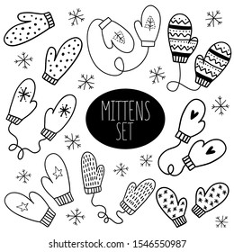 Vector doodle black and white hand-drawn winter set with mittens and snowflakes. Vector set with winter clothes. Isolated objects on a white background. Stock illustration.