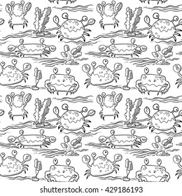 Vector doodle  black and white summer seamless pattern with crab characters and water waves