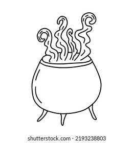 Vector doodle boiling cauldron with potion for Halloween. Halloween witch pot with potion vector attribute.