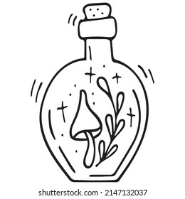 Vector doodle bottle of magic potion with mushroom and floral. Hand drawn illustration