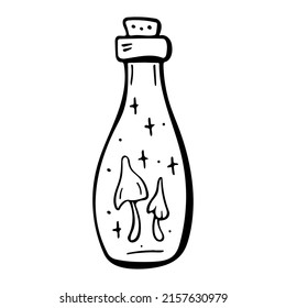 Vector doodle bottle of magic potion with mushrooms. Hand drawn illustration