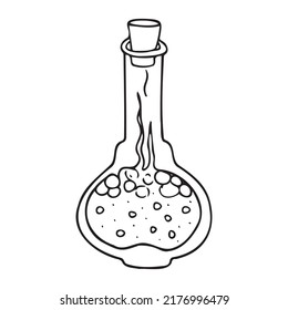 Vector doodle bottle of magic potion. Witchcraft glass bottle. Alchemy elixir in glass flask. Hand drawn illustration of witch poison.