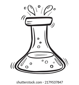 Vector doodle bottle of magic potion. Witchcraft glass bottle. Alchemy elixir in glass flask. Hand drawn illustration of witch poison.