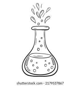 Vector doodle bottle of magic potion. Witchcraft glass bottle. Alchemy elixir in glass flask. Hand drawn illustration of witch poison.