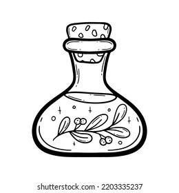 Vector doodle bottle of magic potion. Witchcraft glass bottle. Alchemy elixir in glass flask. Hand drawn illustration of witch poison with leaves, berries