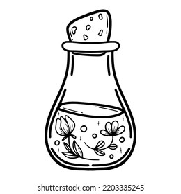 Vector doodle bottle of magic potion. Witchcraft glass bottle. Alchemy elixir in glass flask. Hand drawn illustration of witch poison with leaves, flowers and floral