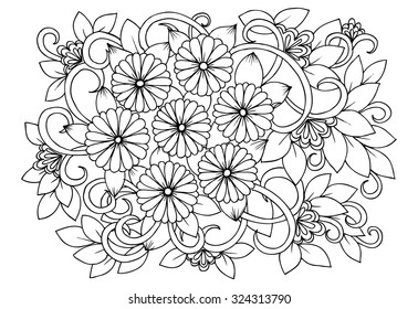 Vector doodle bouquet of flowers in black on a white