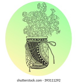Vector doodle bouquet of flowers in a vase. Zen-tangle