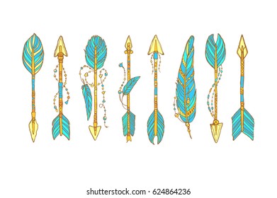 Vector doodle bow arrow composition with feathers in bohemian, indian, tribal style. Ethnic native decorative arrows, hand drawn vector illustration. Tattoo style