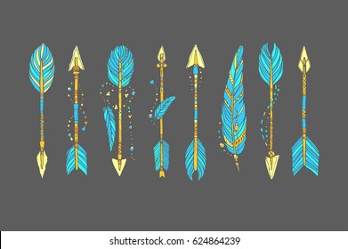 Vector doodle bow arrow composition with feathers in bohemian, indian, tribal style. Ethnic native decorative arrows, hand drawn vector illustration. Tattoo style