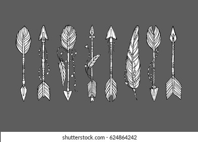 Vector doodle bow arrow composition with feathers in bohemian, indian, tribal style. Ethnic native decorative arrows, hand drawn vector illustration. Tattoo style