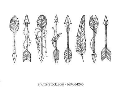 Vector doodle bow arrow composition with feathers in bohemian, indian, tribal style. Ethnic native decorative arrows, hand drawn vector illustration. Tattoo style