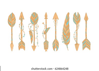 Vector doodle bow arrow composition with feathers in bohemian, indian, tribal style. Ethnic native decorative arrows, hand drawn vector illustration. Tattoo style