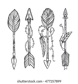 Vector doodle bow arrows set with feathers in bohemian, indian, tribal style. Ethnic native decorative arrows, hand drawn vector illustration. Tattoo style