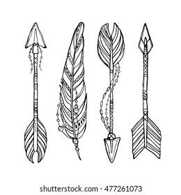 Vector doodle bow arrows set with feathers in bohemian, indian, tribal style. Ethnic native decorative arrows, hand drawn vector illustration. Tattoo style