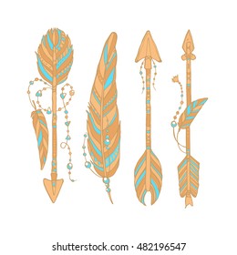 Vector doodle bow arrows set with feathers in bohemian, indian, tribal style. Ethnic native decorative arrows, hand drawn vector illustration. Tattoo style