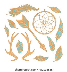 Vector doodle bow arrows set with feathers, horns and dream catcher in bohemian, indian, tribal style. Ethnic native decorative arrows, hand drawn vector illustration. Tattoo style