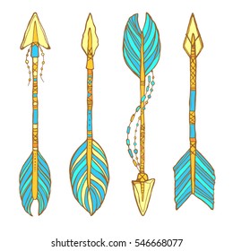 Vector doodle bow arrows set with feathers in bohemian, indian, tribal style. Ethnic native decorative arrows, hand drawn vector illustration. 