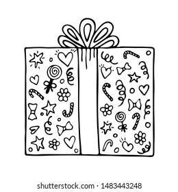 Vector doodle box. Gift image for the design of holiday cards, prints, stickers. Topics: New Year, Christmas, Valentine's Day, Birthday, Anniversary, Wedding. Hand-drawn in trendy Scandinavian style