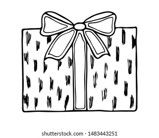 Vector doodle box. Gift image for the design of holiday cards, prints, stickers. Topics: New Year, Christmas, Valentine's Day, Birthday, Anniversary, Wedding. Hand-drawn in trendy Scandinavian style