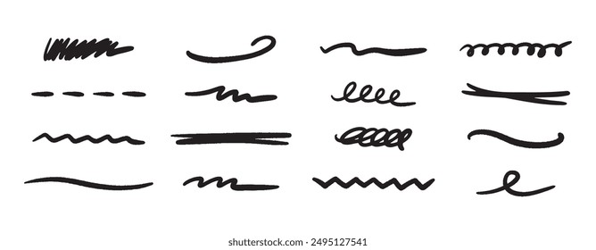 Vector doodle brush lines set. Hand-drawn charcoal smears, strikethroughs, and swirls. Horizontal sketchy wavy strokes