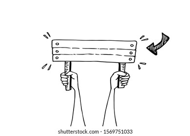 vector doodle business concept with hands holding empty signs. Empty protest sign