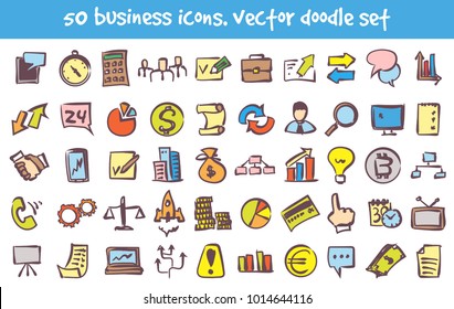 Vector doodle business icons set. Stock cartoon signs for design.