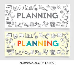 Vector Doodle Business Planning Concept banner. Black-and-white and colored versions
