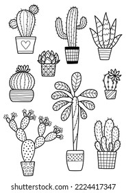 Vector doodle cactus coloring book page. Anti-stress for adults. Cute black and white cacti and succulents in pots. Stock vector illustration