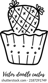 Vector doodle cactus illustration. Black line art house plant in a pot. Great for different kind of designs and backgrounds