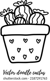 Vector doodle cactus illustration. Black line art house plant in a pot. Great for different kind of designs and backgrounds