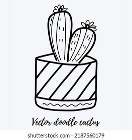 Vector doodle cactus illustration. Black line art house plant in a pot. Great for different kind of designs and backgrounds